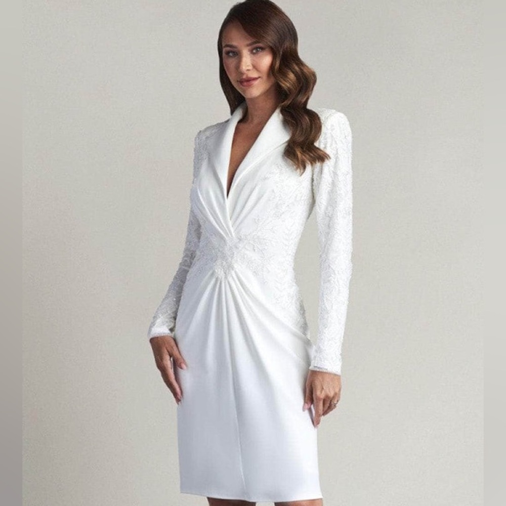 Tadashi Shoji Ivory Wedding Bridal Eisman Plunging Collar Embroidered Dress